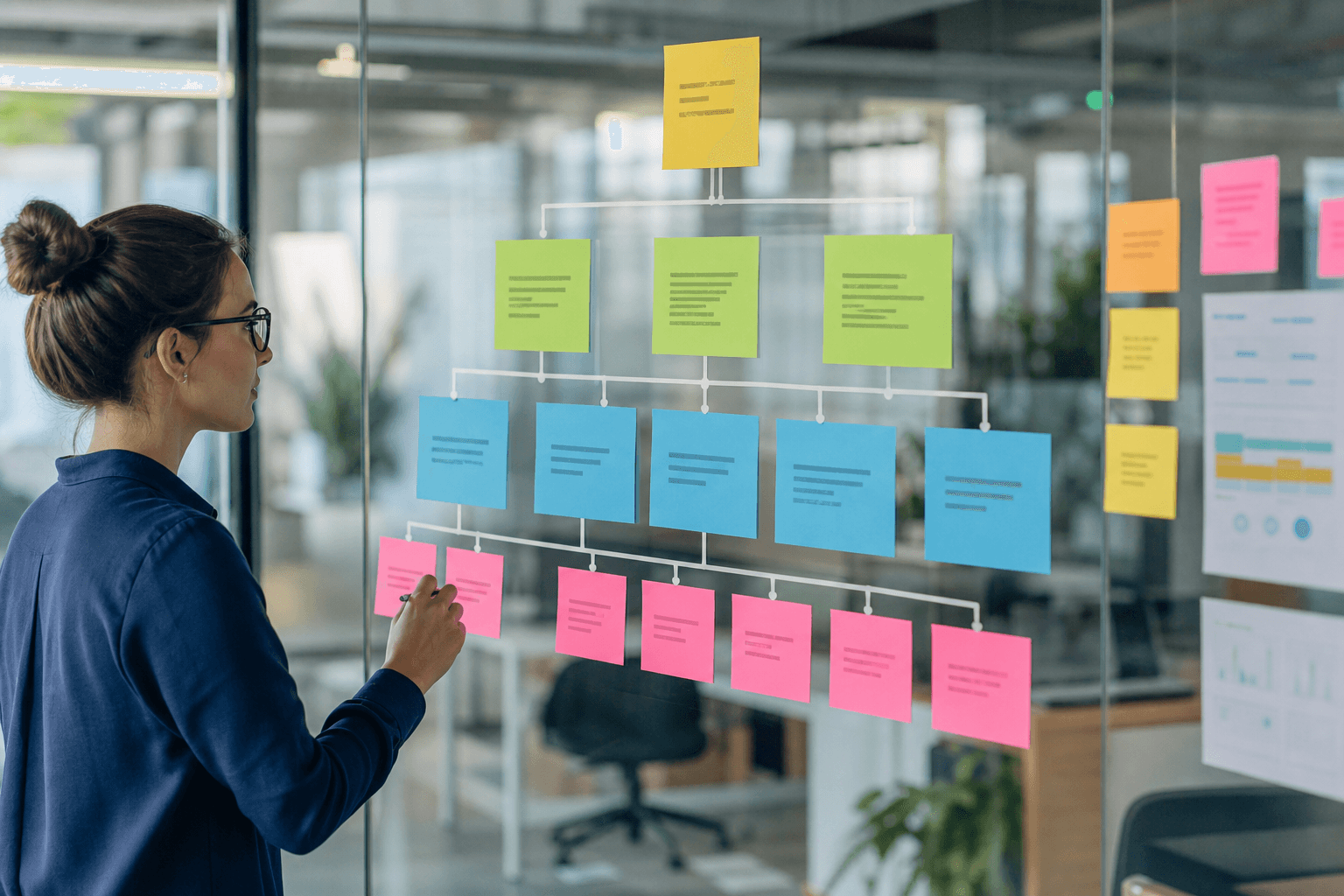 Glass board with campaign planning notes in a media agency office